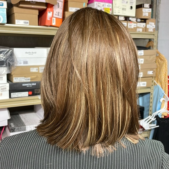 NWT 12” brown wig caramel golden highlights center part medium brunette DP - Picture 3 of 16